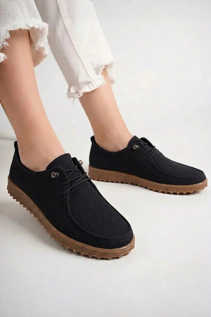 Kadın Süet Bağcık Detaylı Kauçuk Taban Ortopedik Loafer Günlük Ayakkabı Siyah2