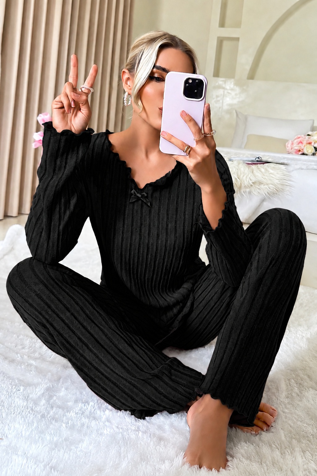 Fiyonk Detaylı Fitilli Kadın Pijama Takımı Full Siyah