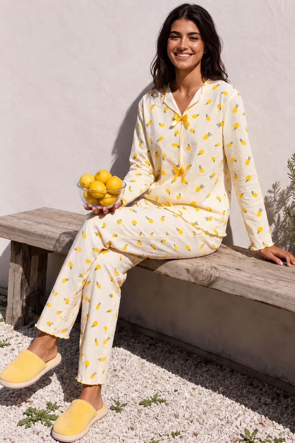 Kadın Desenli Fiyonk Detaylı Uzun Kollu Viskon Pijama Takımı 9