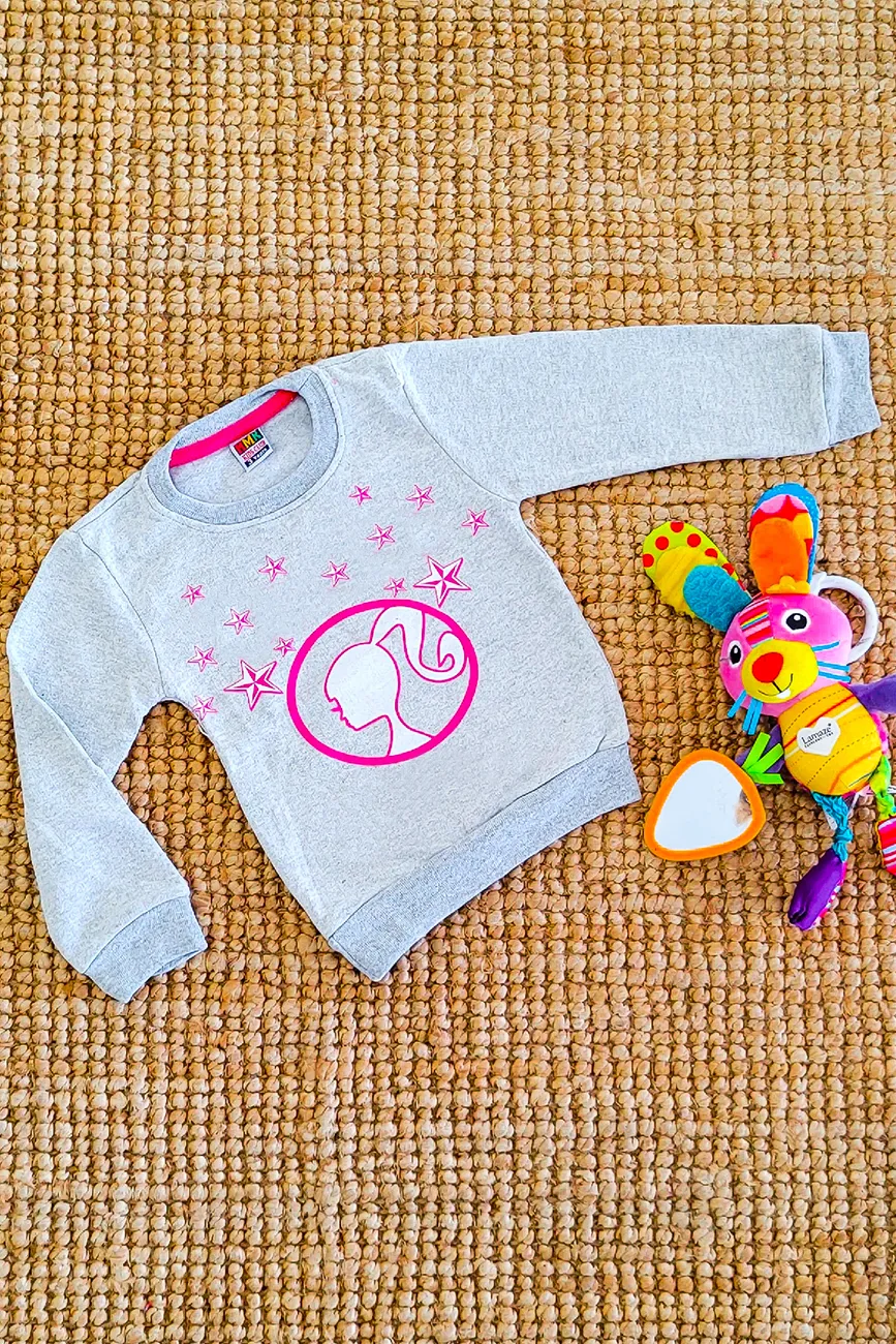 Bisiklet Yaka Sweatshirt Kız Çocuk Gri Pembe