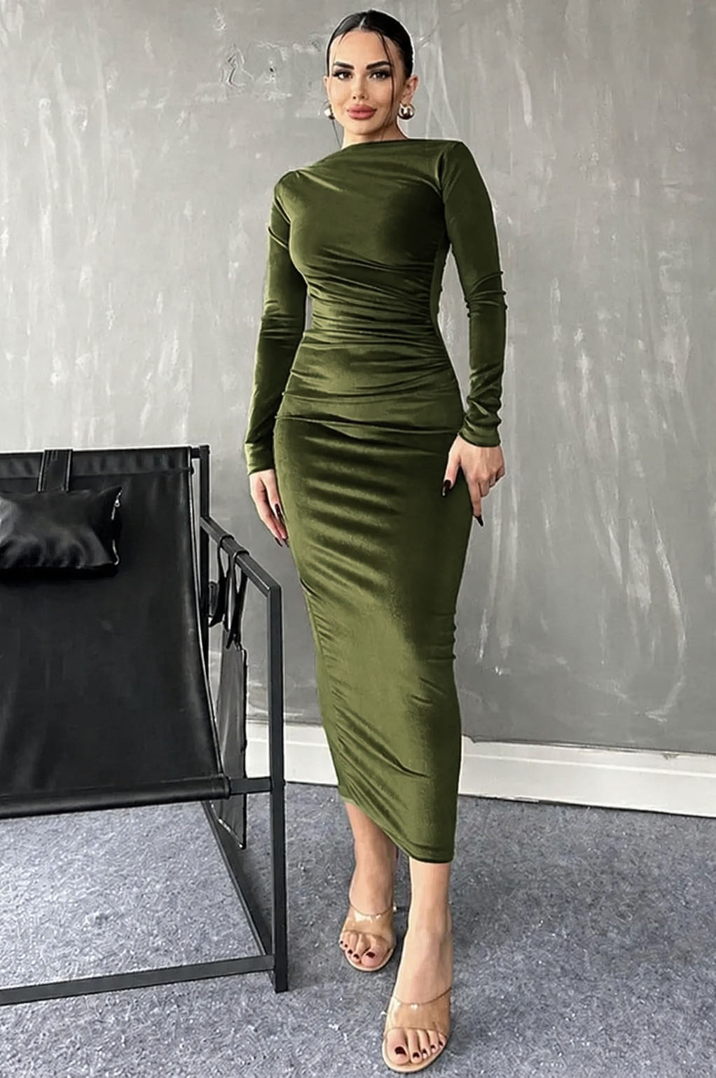 Drape Büzgü Detaylı Uzun Kadife Elbise Haki Yeşil