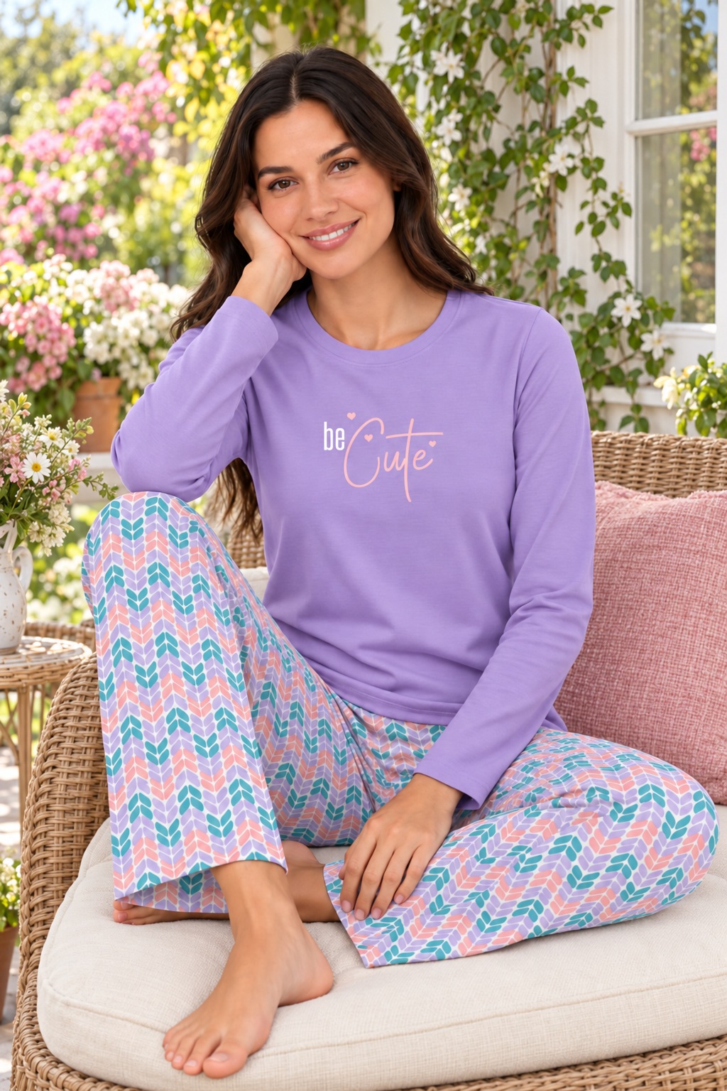 Kadın Desenli Baskı Detaylı Uzun Kollu Süprem Pijama Takımı 10