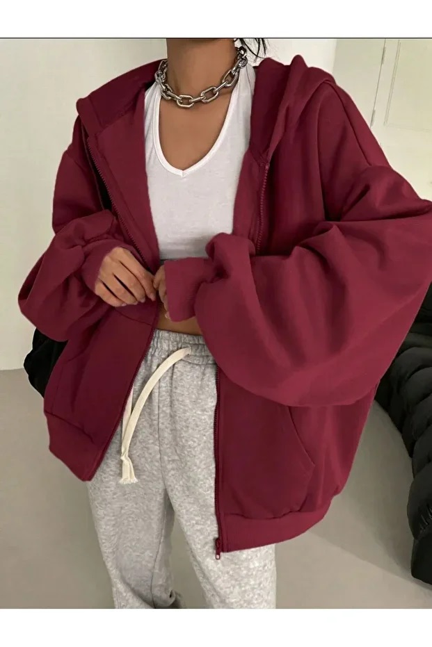Fermuarlı 3 İplik Kalın Kumaş Sweat Hırka Koyu Bordo
