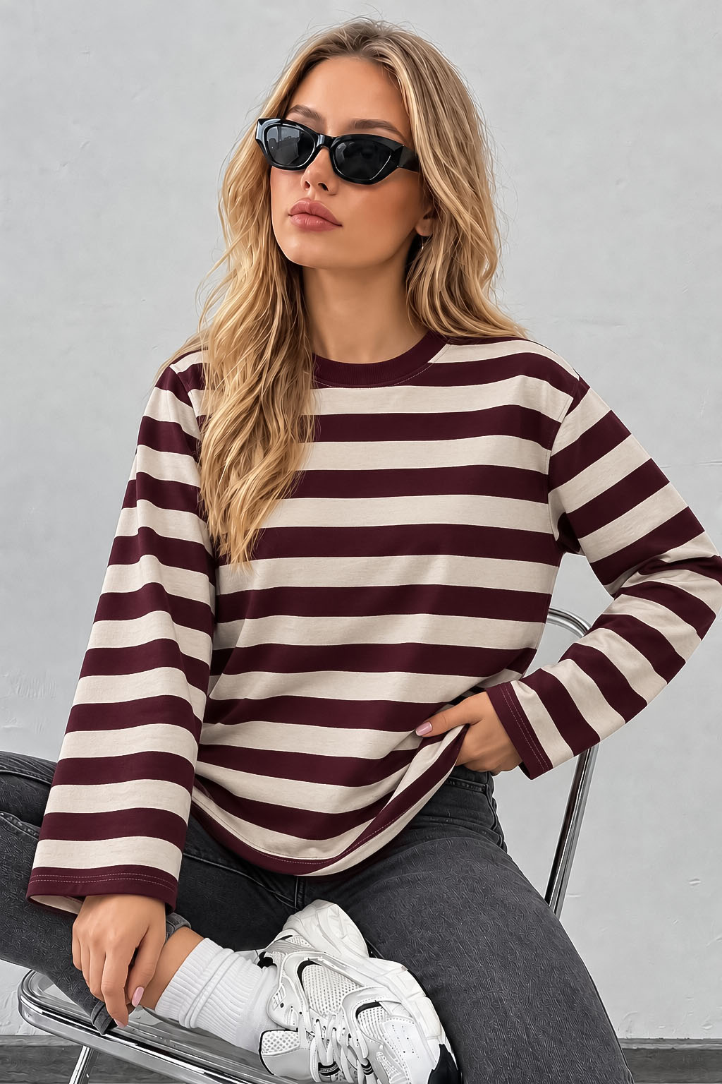 Düşük Omuz Çizgili Rahat Kesim İki İplik Kumaş Kadın Sweatshirt Bej Bordo