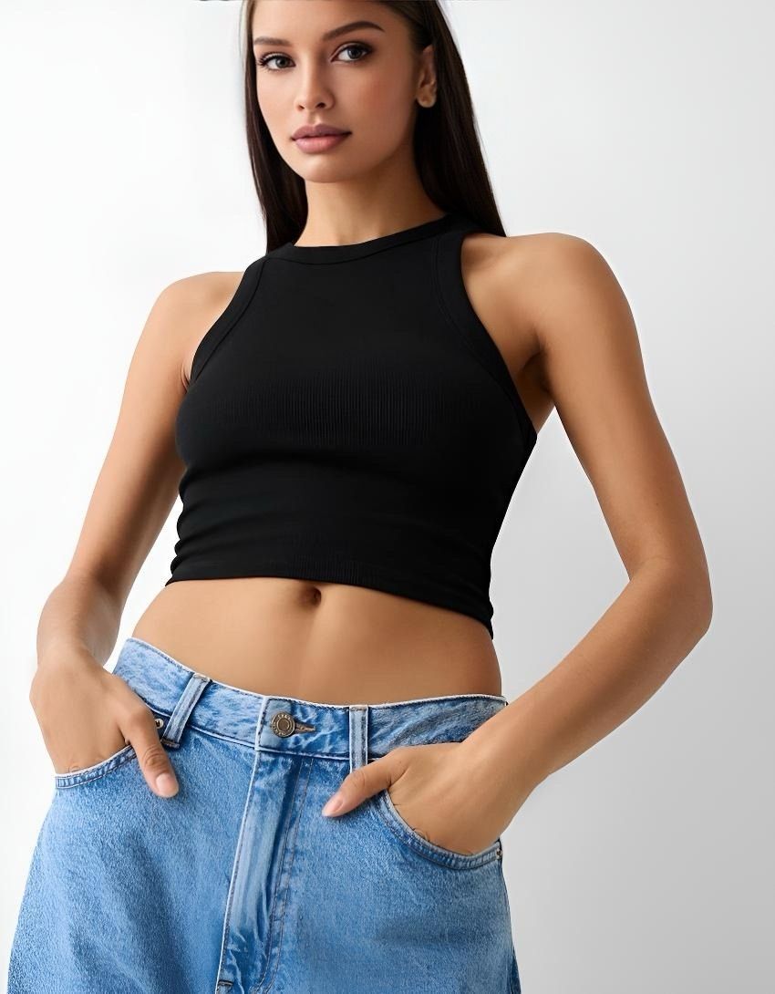 Halter Yaka Fitilli Kolsuz Bluz Siyah