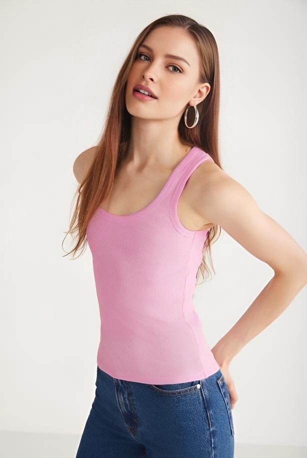 Kalın Askılı Fitilli Basic Atlet Pembe