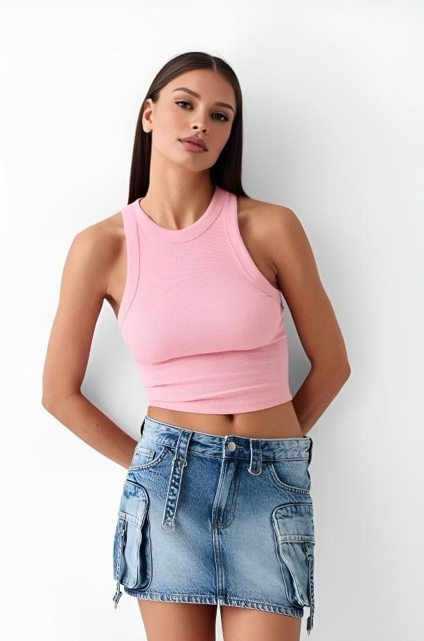 Halter Yaka Fitilli Kolsuz Bluz Pembe