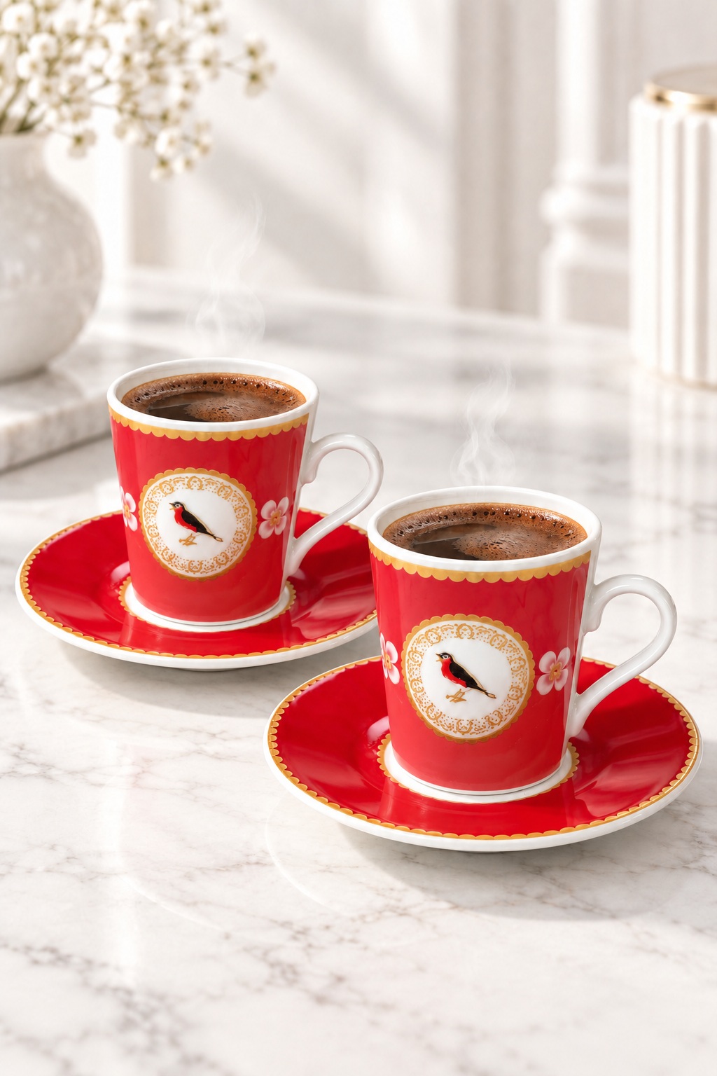 4 Parça 2 Kişilik Zarif Kuş Motifli Kahve Fincanı Seti Fincan