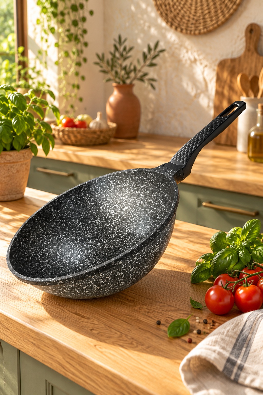 Granit Görünümlü Derin Döküm Wok Tava Desenli Saplı 29 cm Siyah