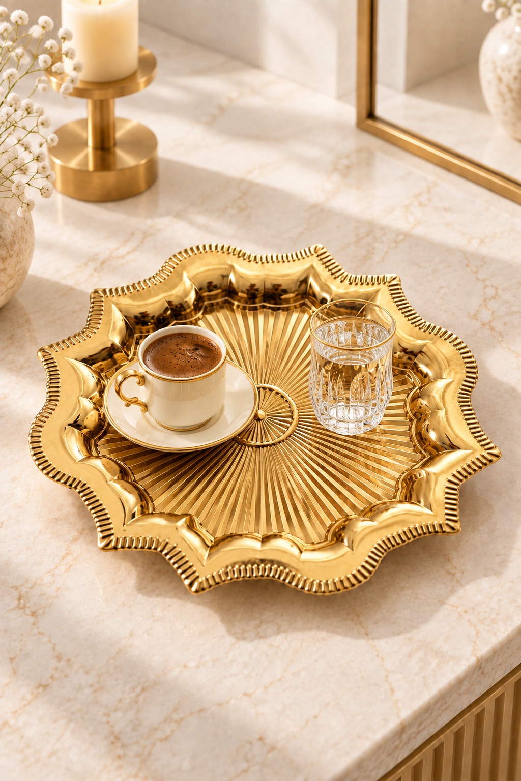 1 Adet Gold Çiçek Formlu Işın Desenli Dekoratif Kahve ve Sunum Tepsisi 22 cm Gold