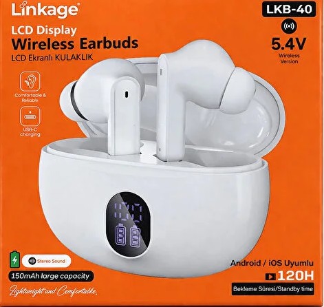 Linkage LKB-40 TWS Kablosuz Kulaklık - Bluetooth 5.4 Yeni Nesil Bağlantı - Dijital Şarj Göstergeli Bluetooth Kulaklık BEYAZ