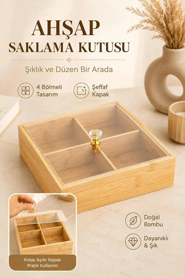 4 Bölmeli Şeffaf Kapaklı Bambu Ahşap Saklama ve Düzenleme Kutusu 20x20 cm Meşe