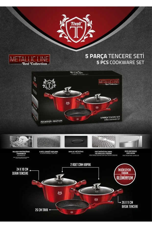 Tivoli Metallic Line Red Collection 3 katlı Granit Kaplama 5 Parça Tencere Seti Tencere