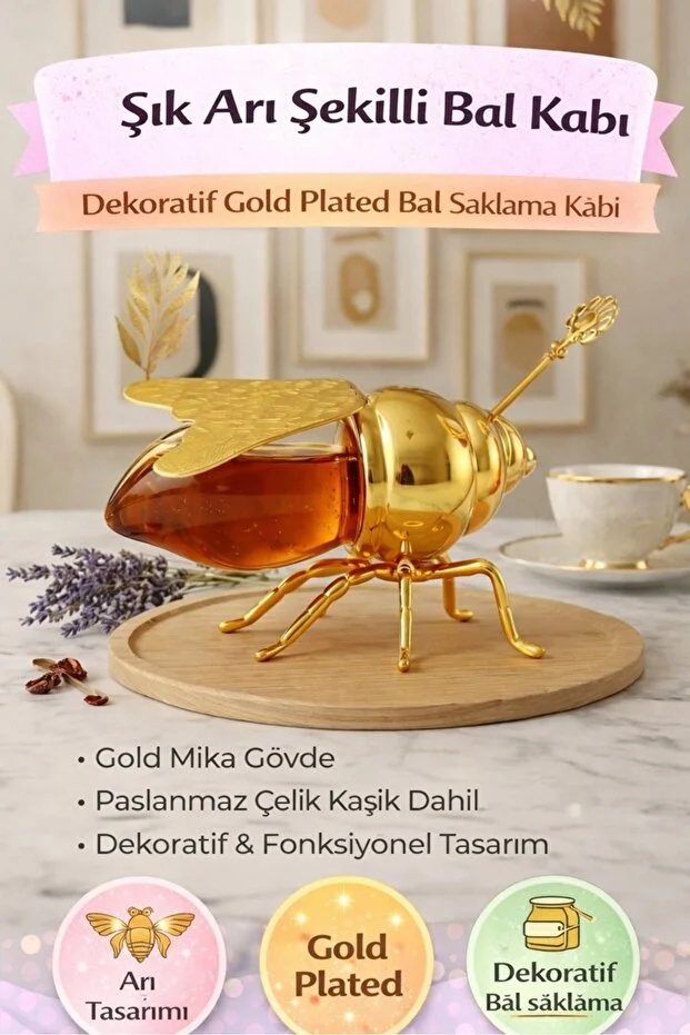 Arı Figürlü Metal Kaşıklı Gold Mika Bal Kavanozu Kapaklı Dekoratif Reçellik Kahvaltılık Sunumluk Gold