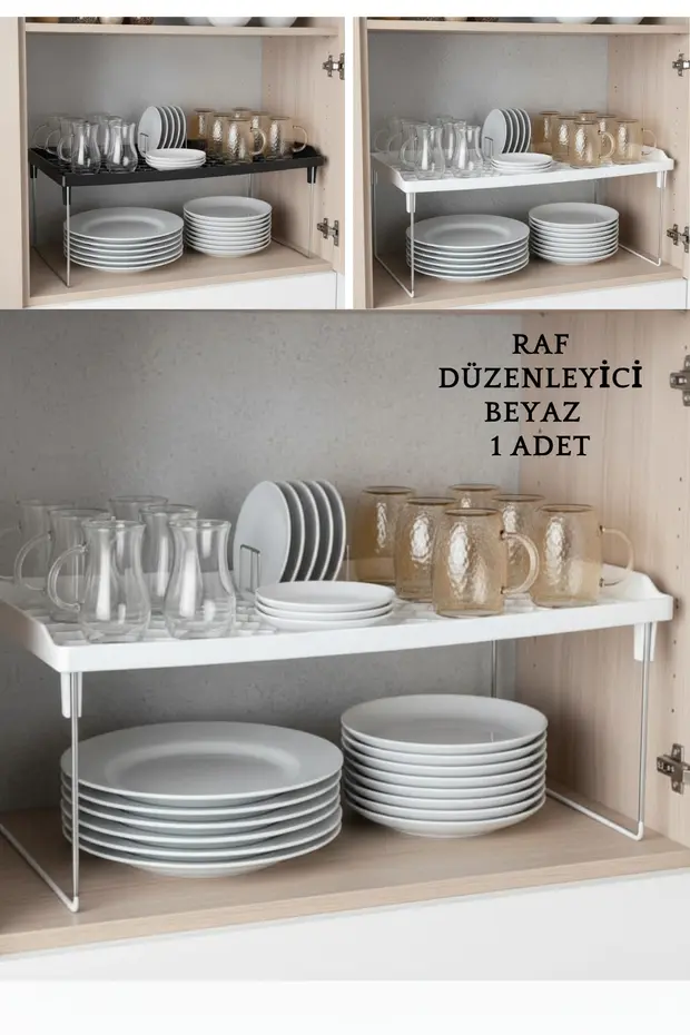 1 ADET Dolap içi Raf Düzenleyici Organizer Çay Bardak Fincan Mutfak Metal Ayaklı Raf 14.5x30x16 cm Beyaz