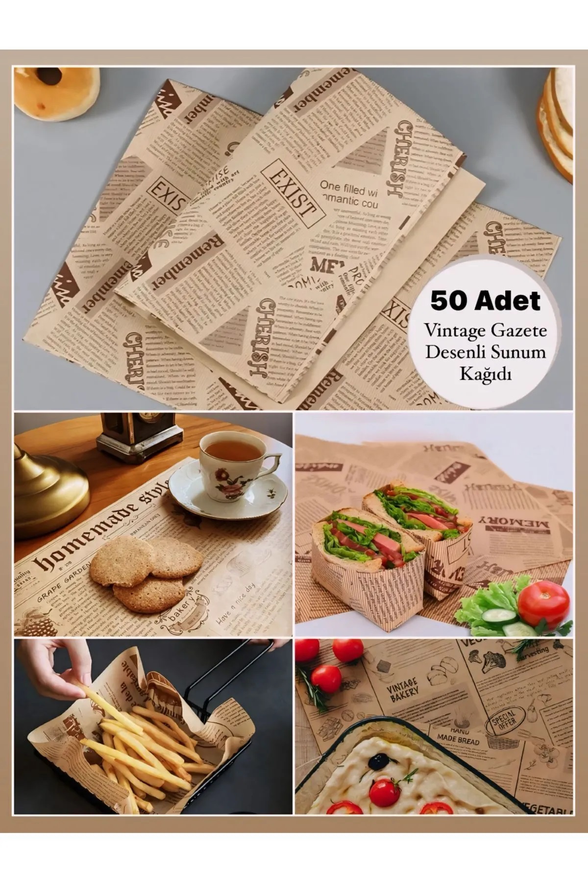 50 Adet Vintage Kendinden Gazete Desenli Sunum Kağıdı Çok Renkli