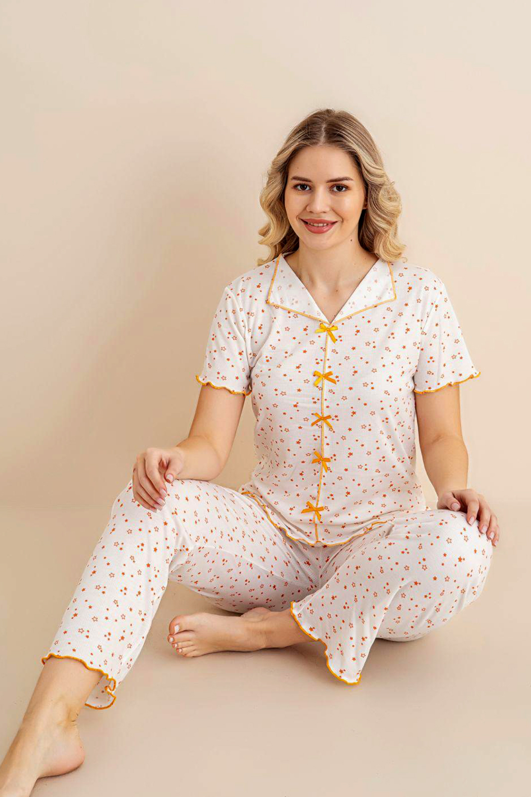 Fiyonklu Nakış Detaylı Melisa Kumaş Kadın Pijama Takımı Yıldız