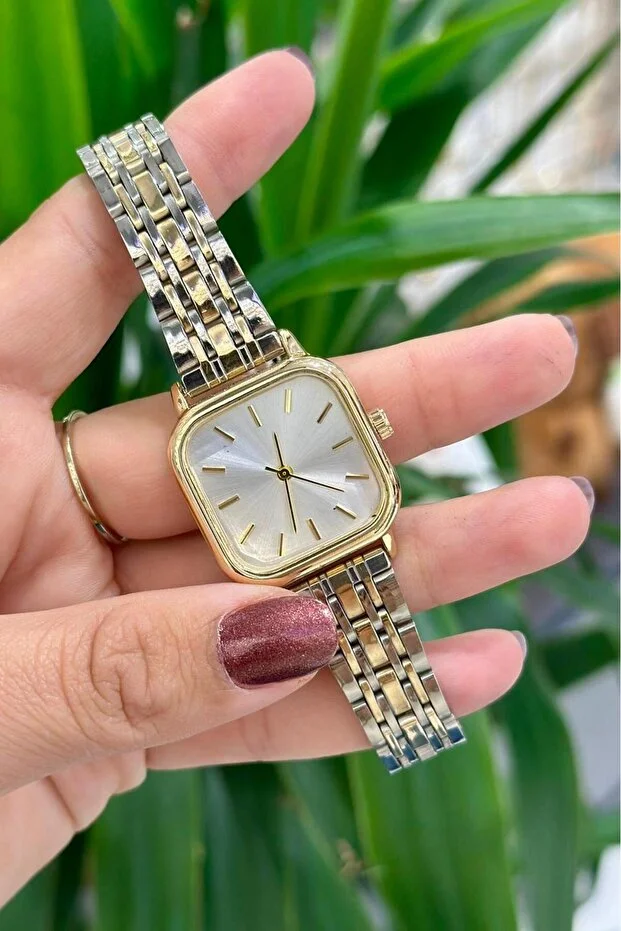 Retro Minimal Kare Kadran Kadın Kol Saati Gold Gold