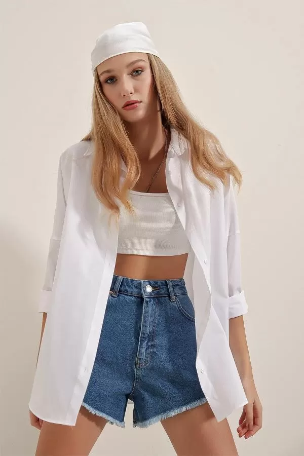 Oversize Uzun Basic Gömlek Beyaz