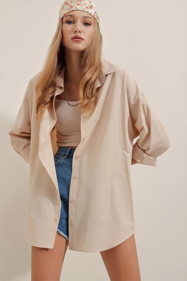 Oversize Uzun Basic Gömlek Bej