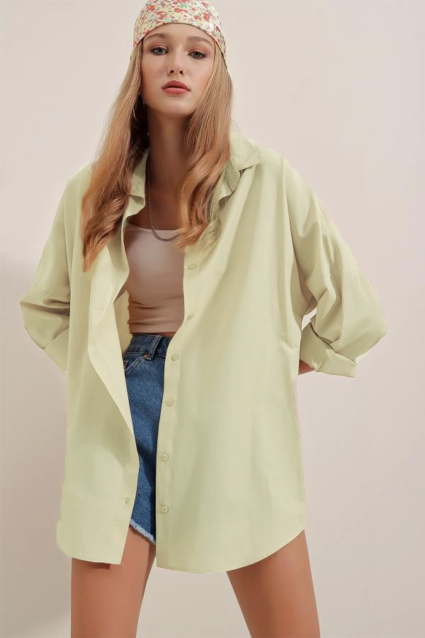 Oversize Uzun Basic Gömlek Açık Sarı