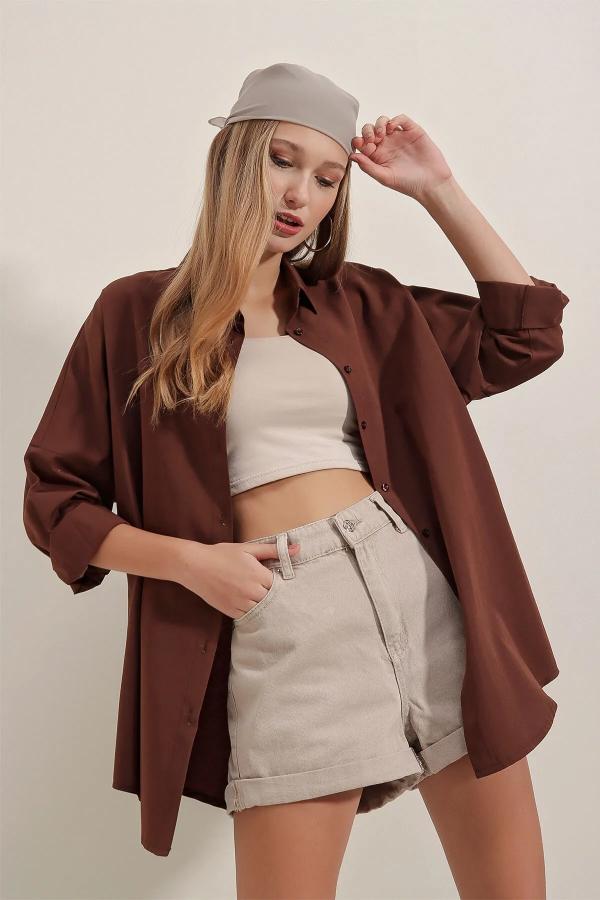 Oversize Uzun Basic Gömlek Kahverengi