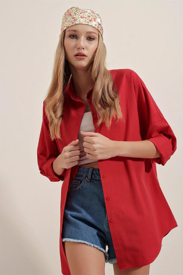 Oversize Uzun Basic Gömlek Kırmızı
