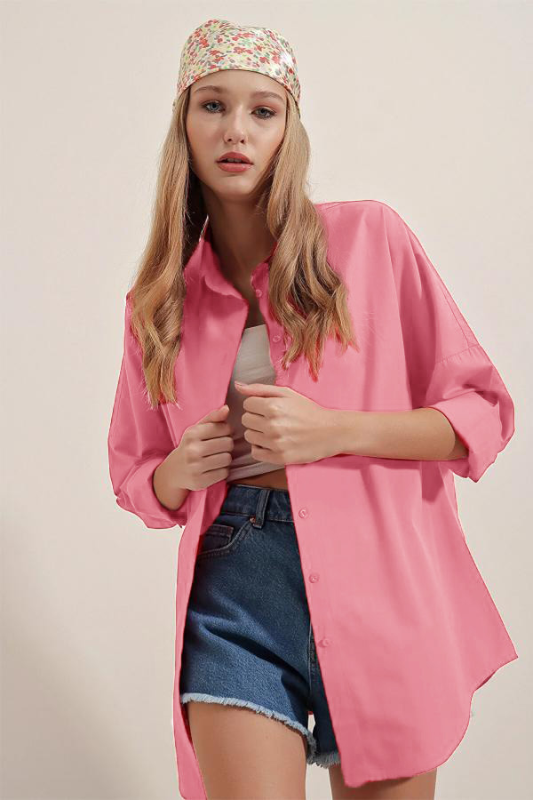 Oversize Uzun Basic Gömlek Pembe1