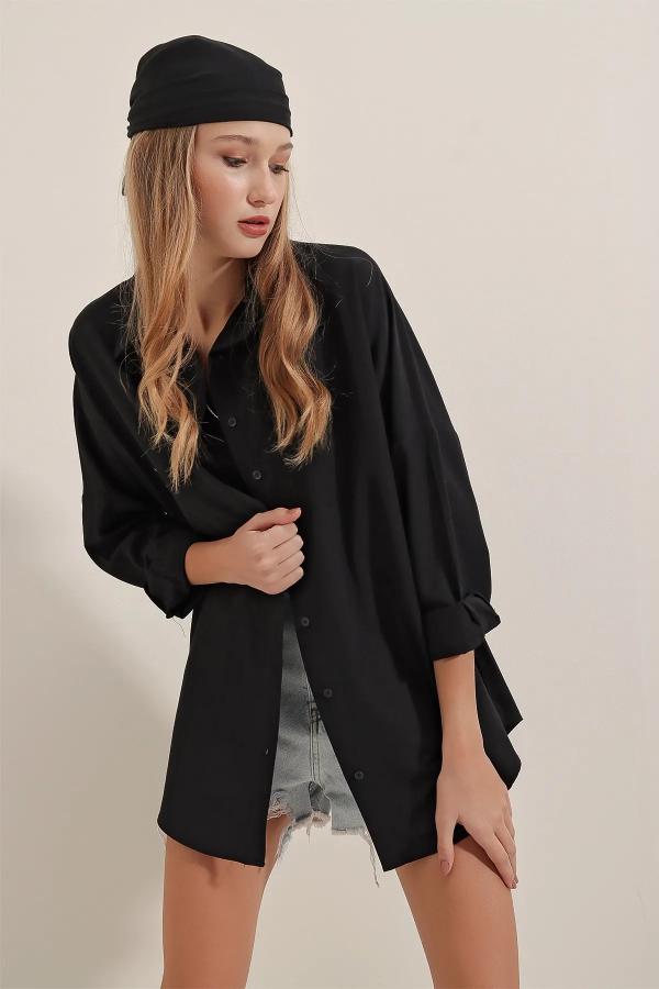 Oversize Uzun Basic Gömlek Siyah