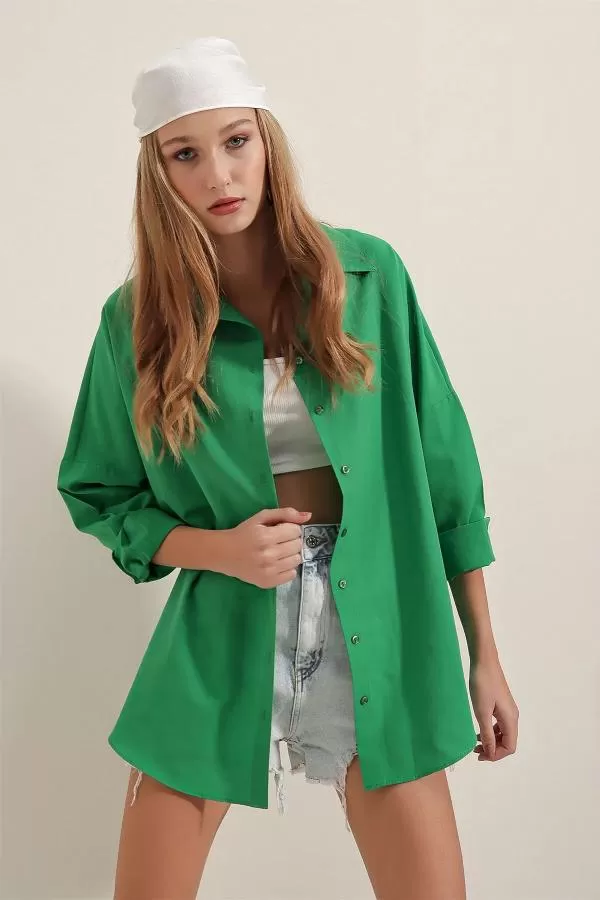 Oversize Uzun Basic Gömlek Yeşil