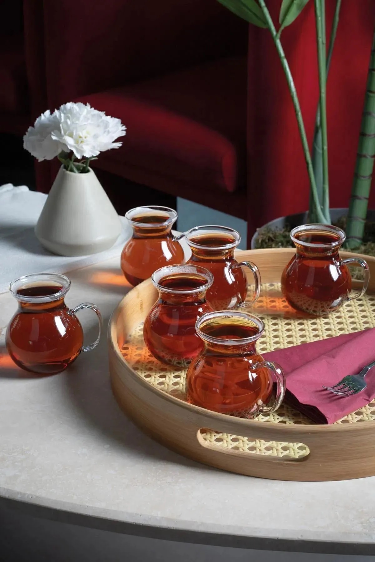 6 Kişilik Keyfi Ala Borosilikat Cam Kulplu Çay Bardağı Şeffaf