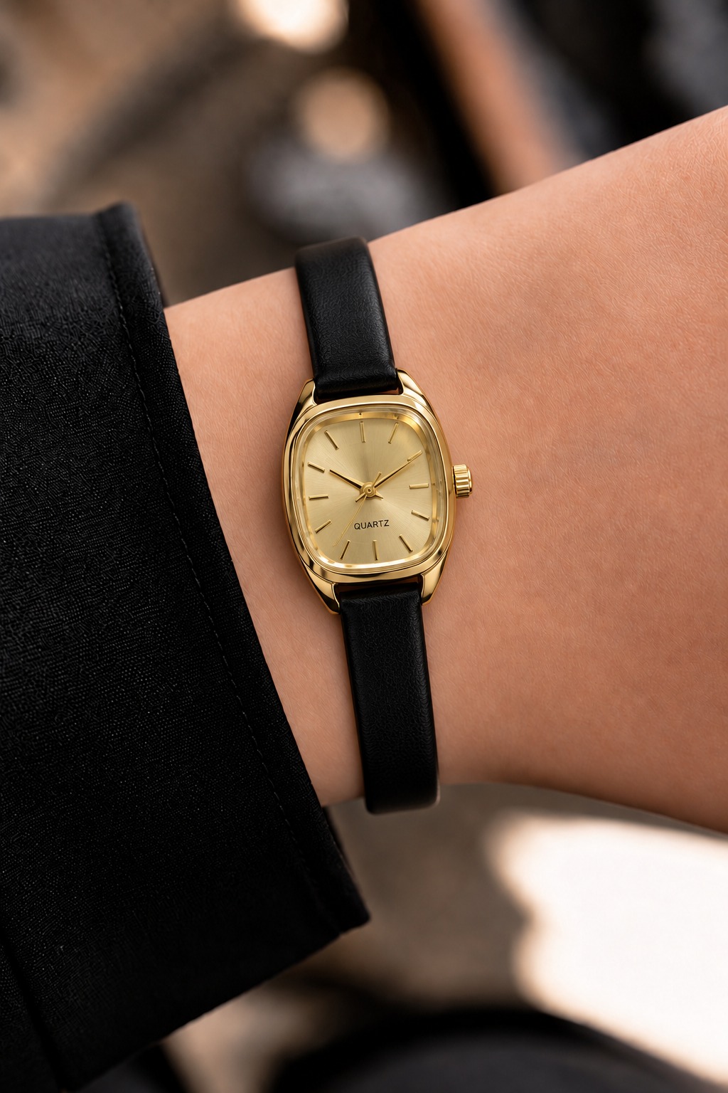 Retro Minimal Dikdörtgen Kadran Vintage Deri Kordonlu Kadın Kol Saati Siyah Gold