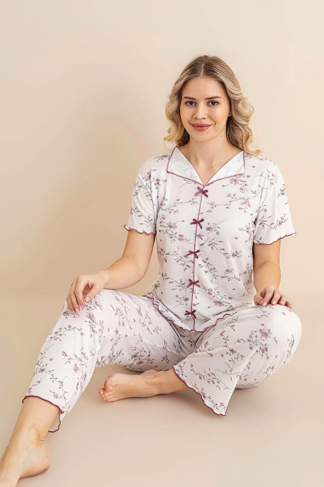 Fiyonklu Nakış Detaylı Melisa Kumaş Kadın Pijama Takımı Çiçek