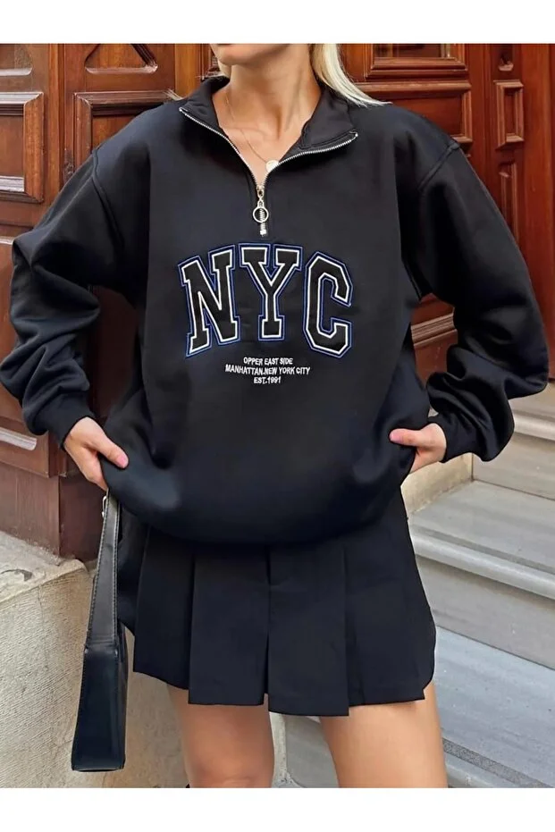 Fermuarlı Dik Yaka NYC Nakışlı Kadın Oversize Üç İplik Sweat Siyah