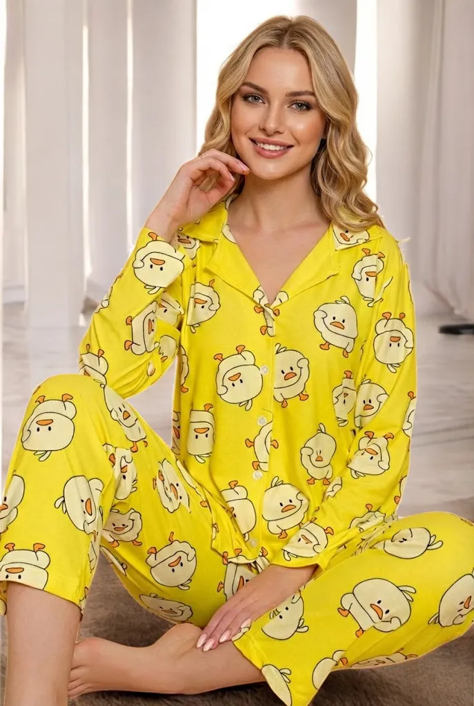 Düğmeli Desenli Baskılı Süet Kadın Pijama Takımı Model8