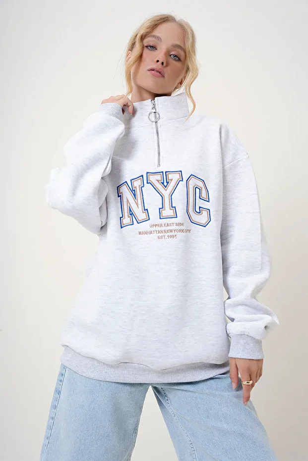 Fermuarlı Dik Yaka NYC Nakışlı Kadın Oversize Üç İplik Sweat Gri