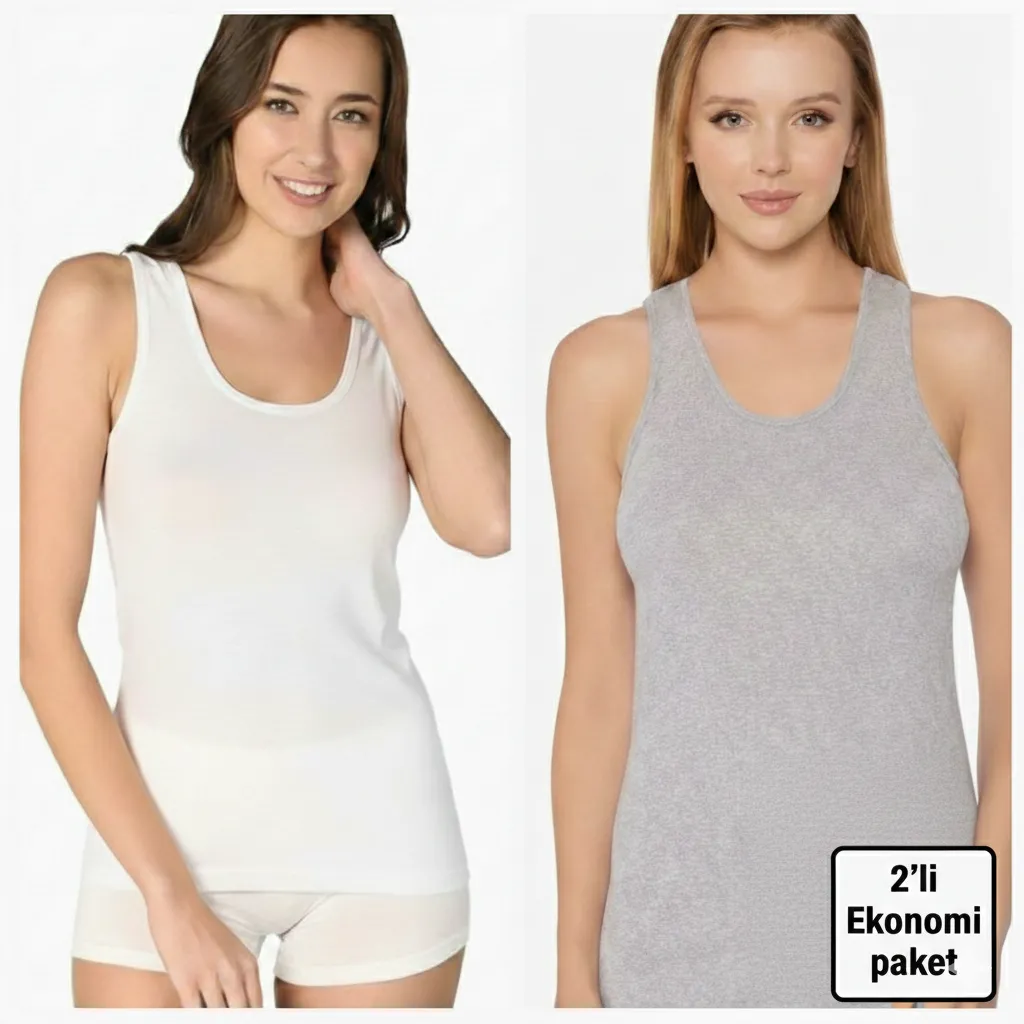 Nefes Alabilen Kadın Basic Geniş Askılı Atlet 2li Ekonomi Paket Beyaz & Gri 2 Renkli