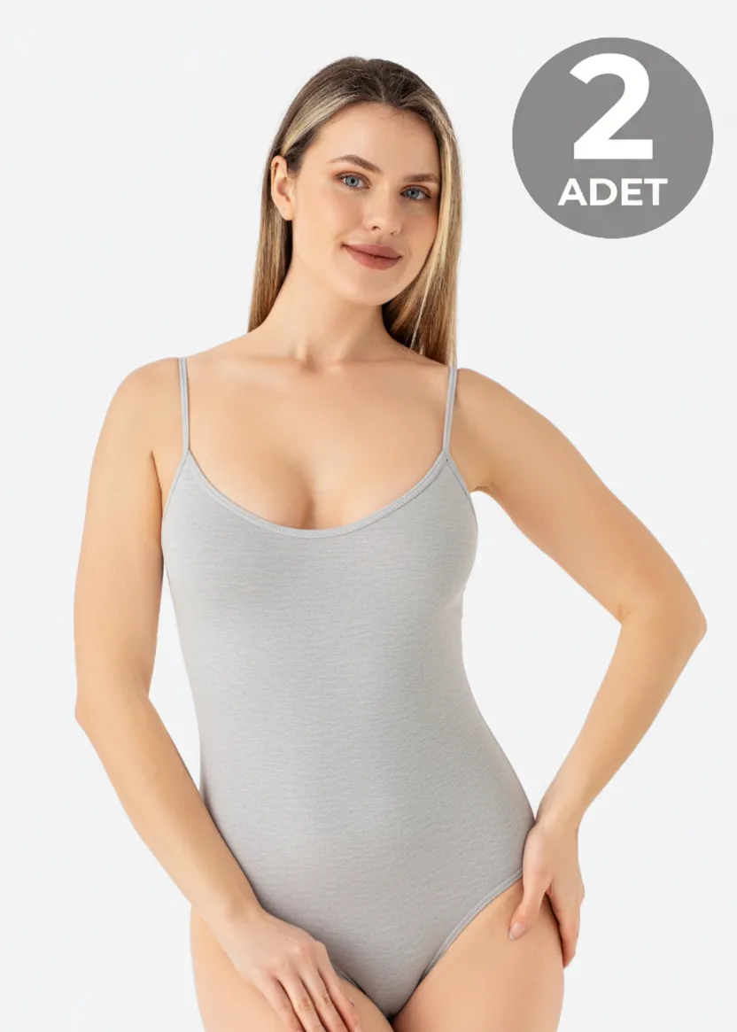 2li Gri Renkli İp Askılı Kadın Atlet Body Gri