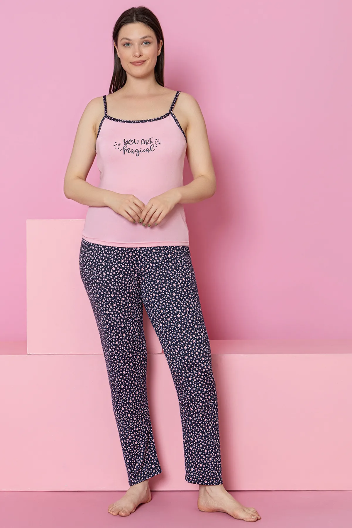 Baskılı Kadın Pijama Takımı Pembe1