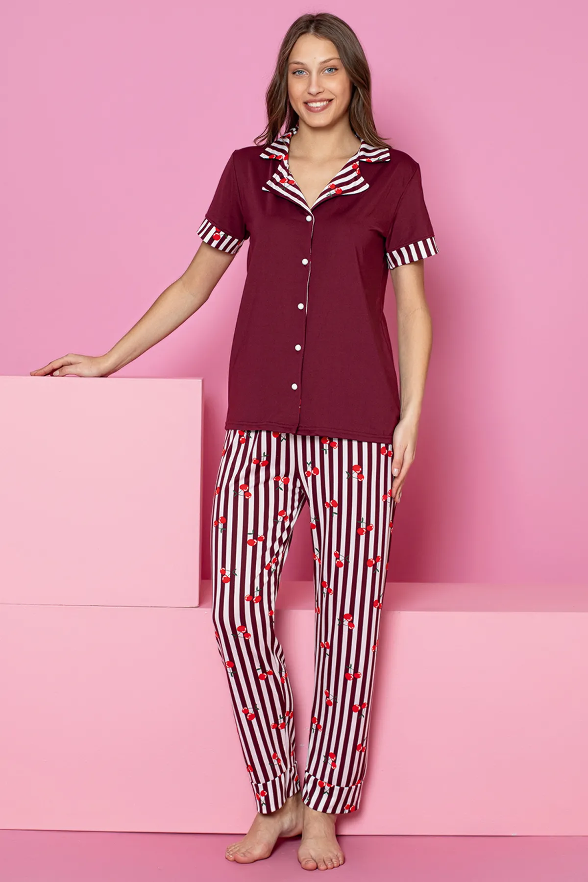 Düğmeli Kadın Pijama Takımı Bordo
