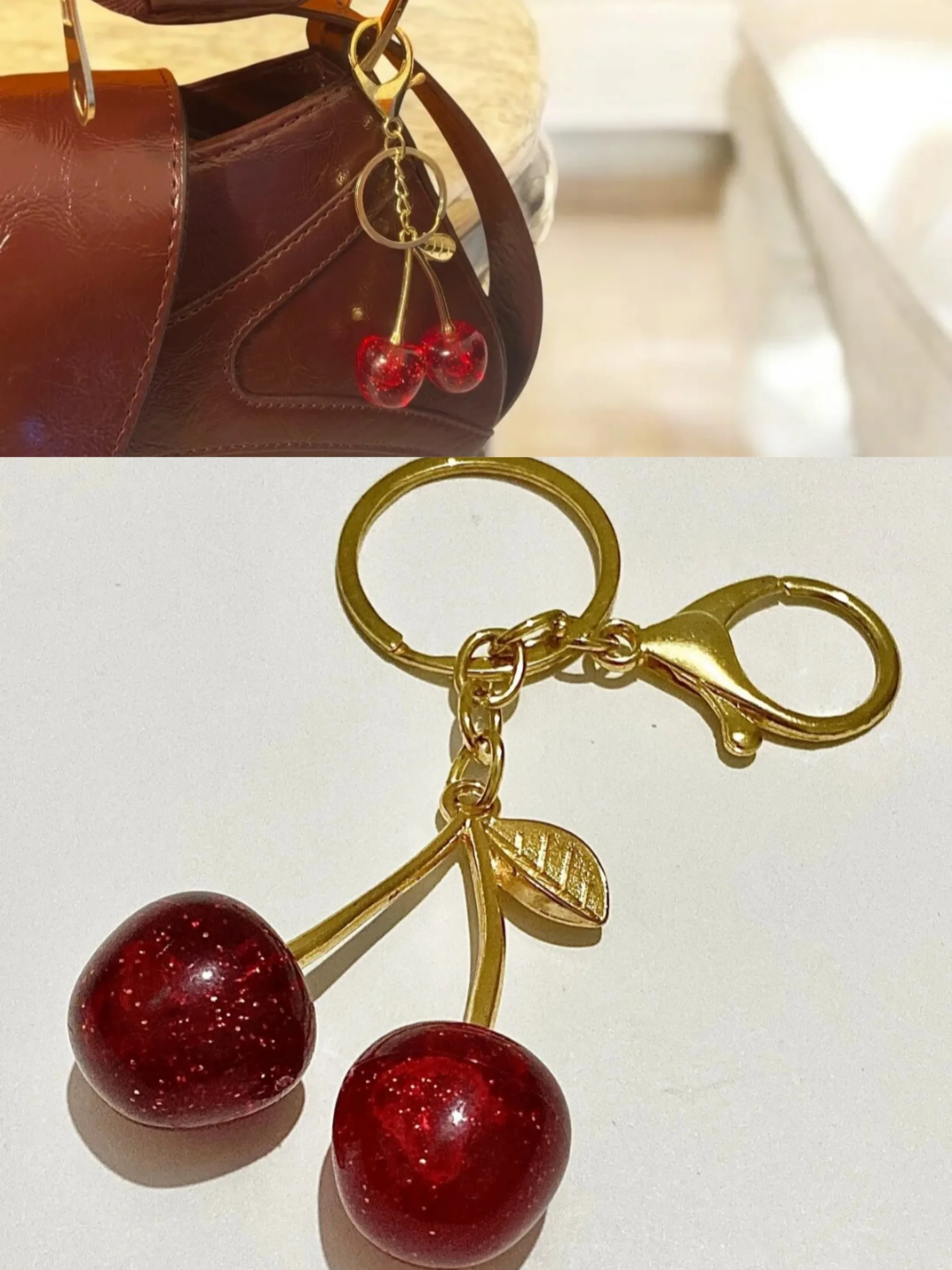 Gold renkli Şık tasarım Kiraz figürlü çanta charmı Gold