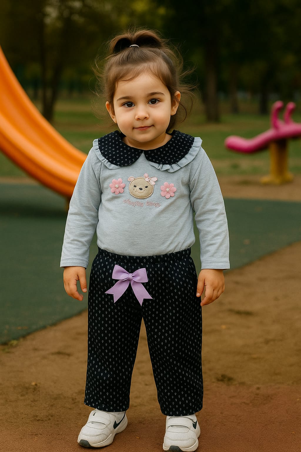Kız Bebek Fırfır Yaka Simli Ayıcık Kabartmalı İkili Takım Gri