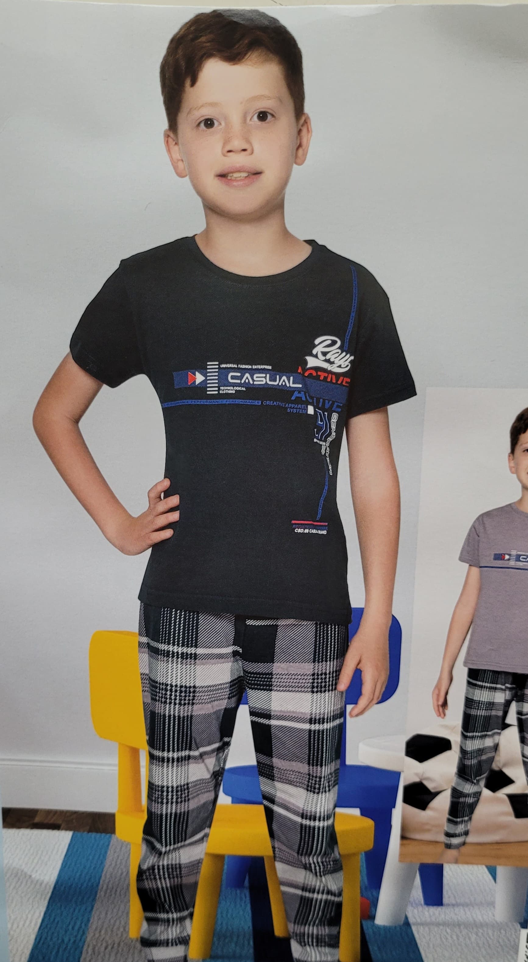 Rays Active Yazılı Ekose Desen Koyu Yeşil Pamuklu Kısa Kol Erkek Çocuk Pijama Takımı Koyu Yeşil