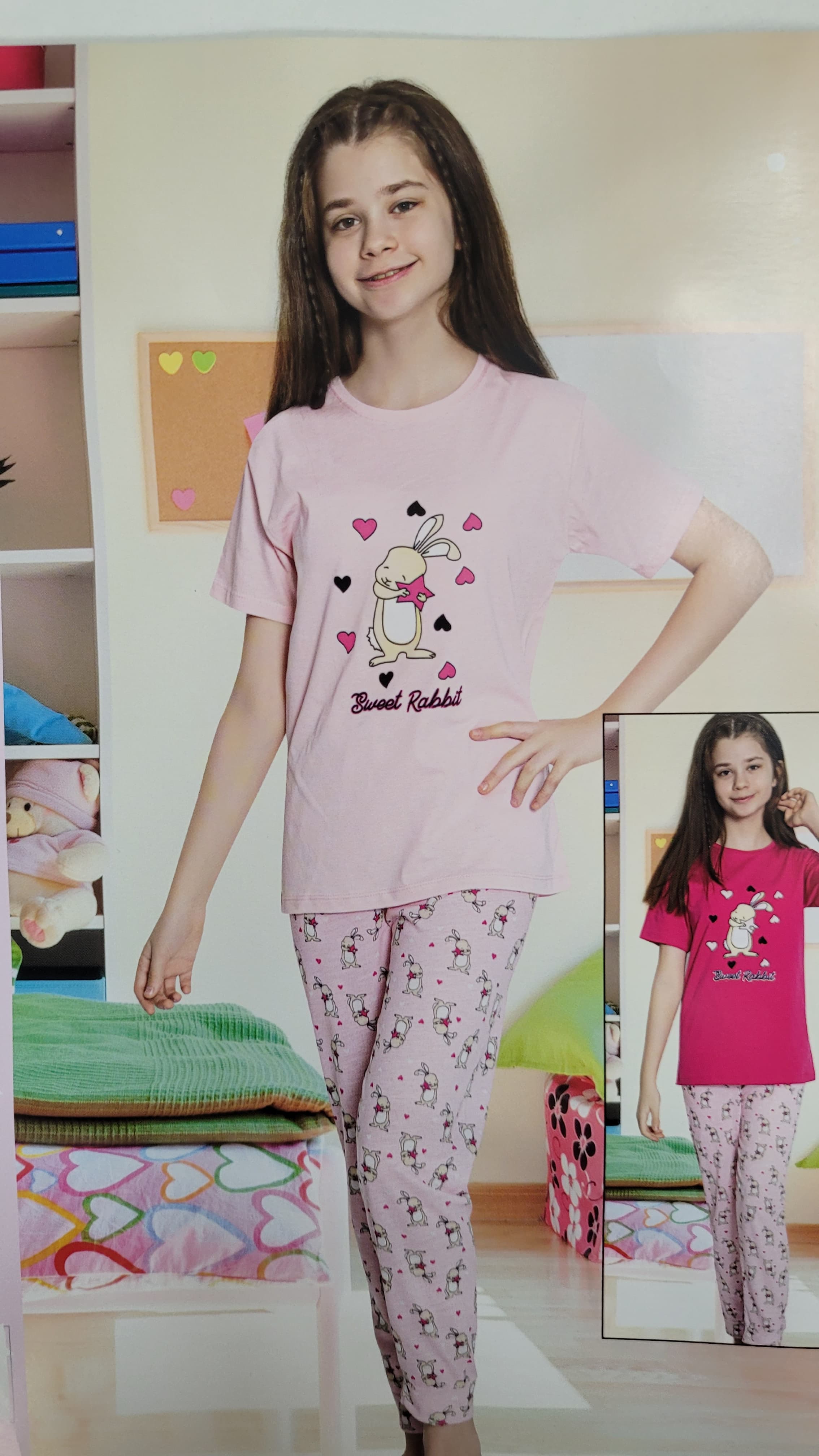 Tavşan Baskılı Yazılı Pamuklu Kısa Kol Kız Çocuk Pijama Takımı Pembe
