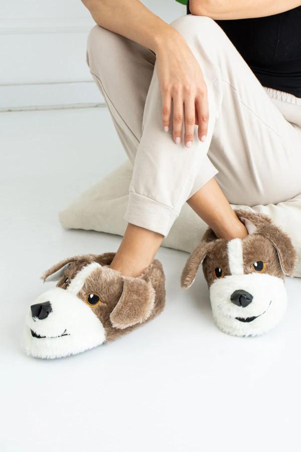 Köpek Figürlü Peluş Panduf Ev Botu Vizon