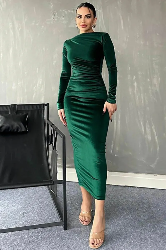 Drape Büzgü Detaylı Uzun Kadife Elbise Zümrüt Yeşil