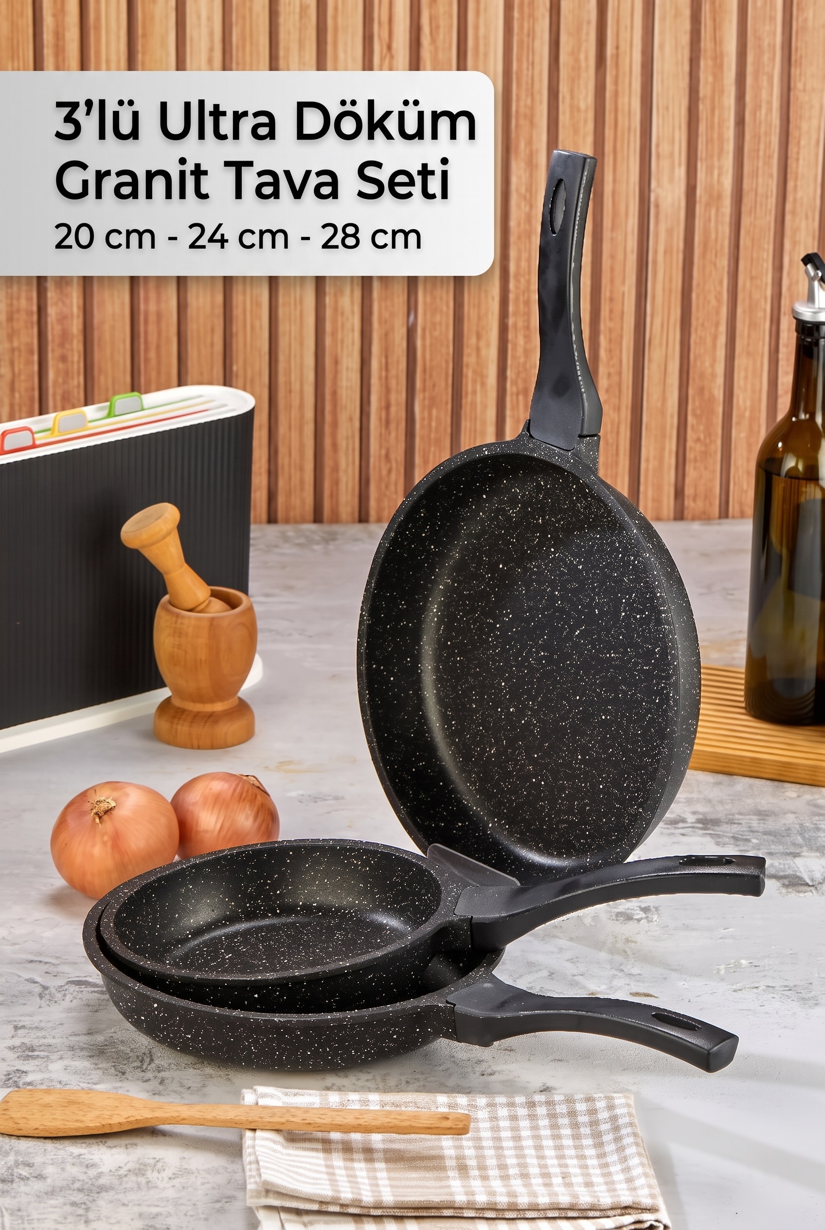 Atlas İstanbul 3'lü Ultra Döküm Granit Tava Seti 20 cm - 24 cm - 28 cm (kutulu) Siyah