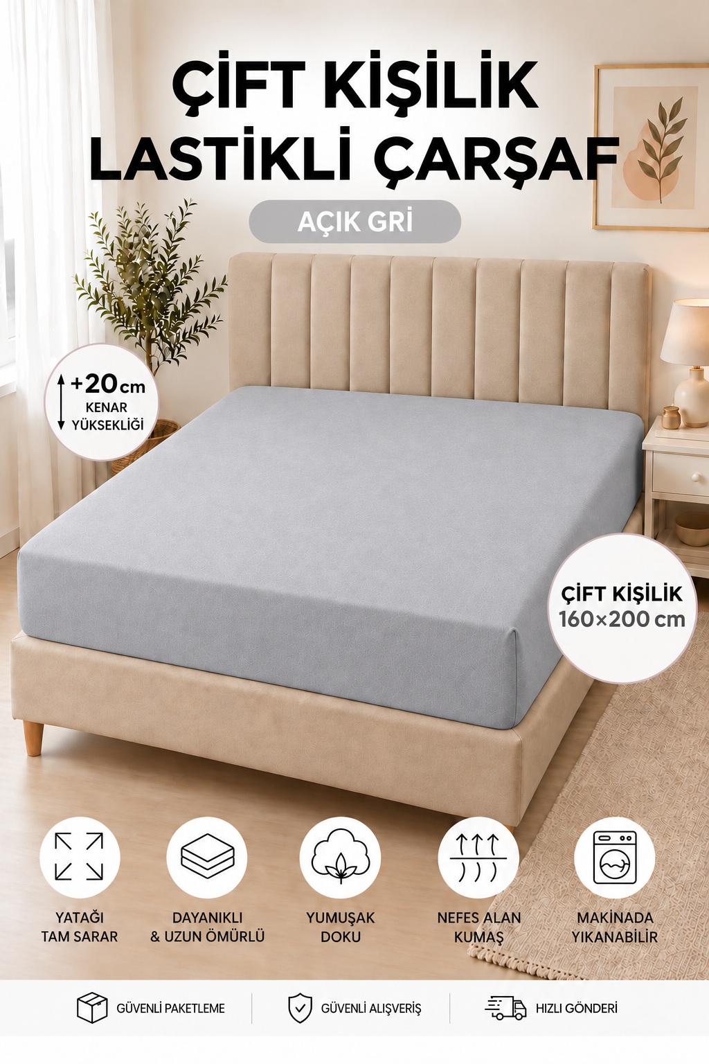160x200 cm Çift Kişilik Pamuklu Lastikli Çarşaf – Yumuşak Dokulu, Yatağı Saran 20 cm Kenar Yüksekliği Açık Gri