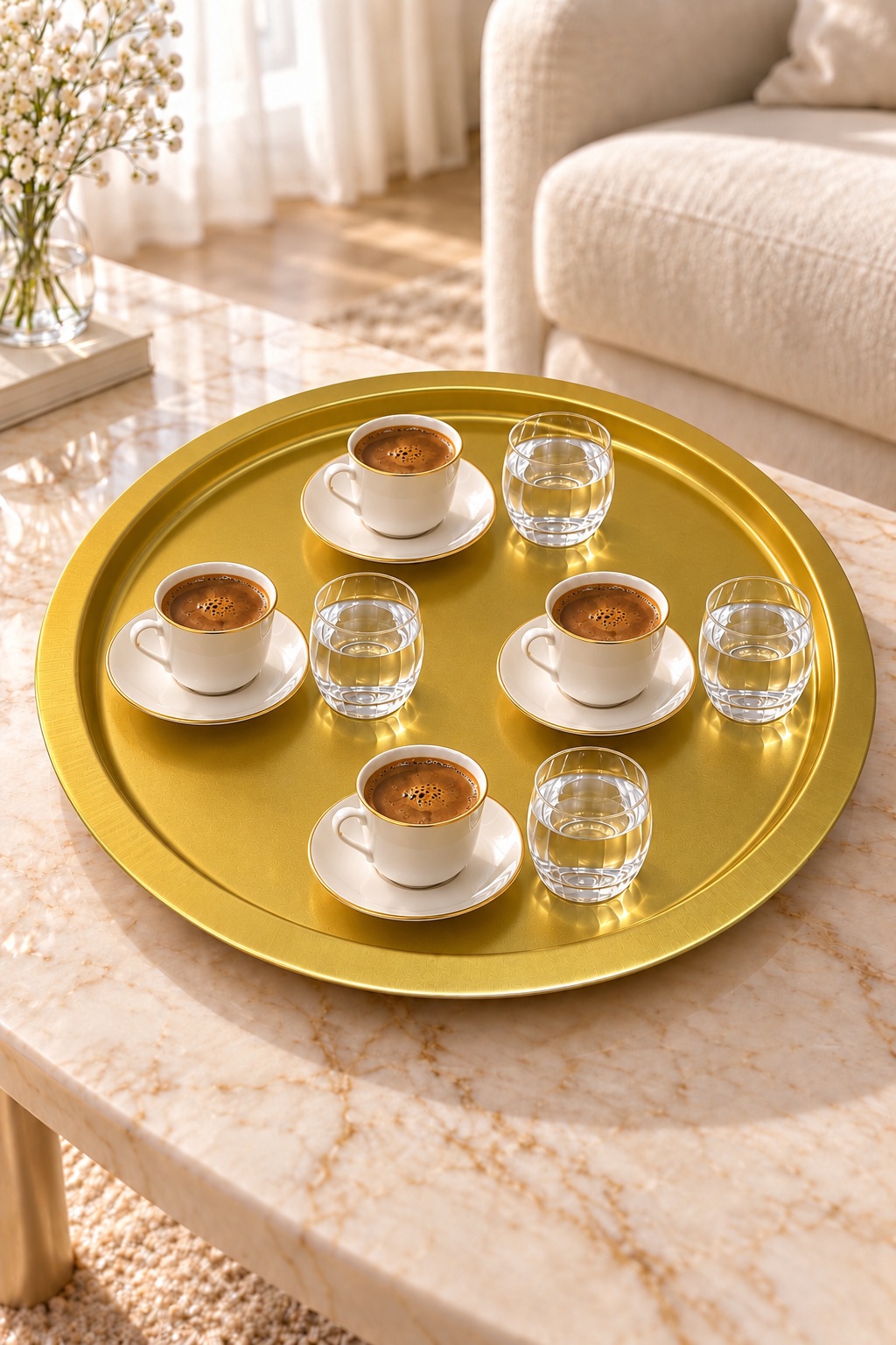 Lüks Gold Renk Yuvarlak Dekoratif Metal Tepsi 35 cm Kahve ve Çay Sunum Tepsisi Gold