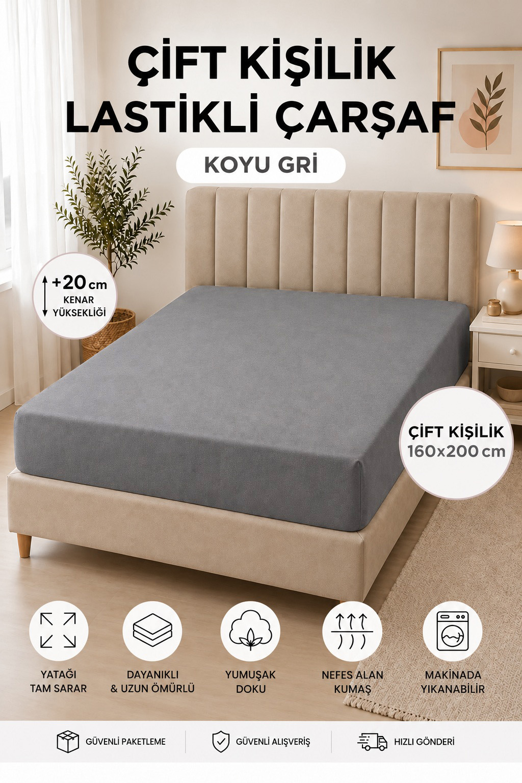 160x200 cm Çift Kişilik Pamuklu Lastikli Çarşaf – Yumuşak Dokulu, Yatağı Saran 20 cm Kenar Yüksekliği Antrasit